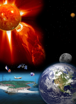 image illustrating space weather/solar storm effects on technological infrastructure such as pipelines, GPS, communication systems, space station, power grid, satellites, and air transporation as well as other planets in hte solar system