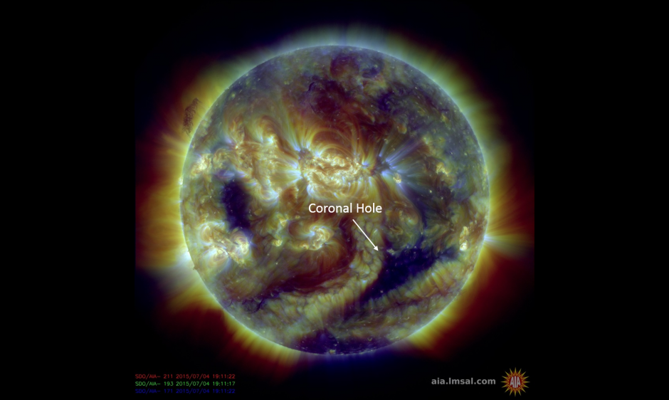 A coronal hole is now in a geoeffective position and G1-Minor geomagnetic storms commenced at 1935 UTC (3:35pm ET) on this 4th of July