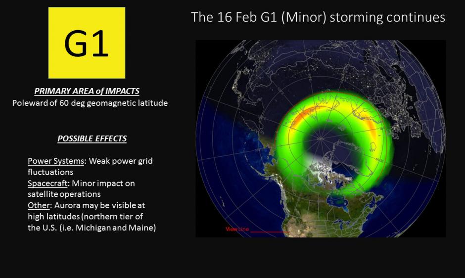G1 (Minor) storming conditions continue on 16 Feb 2016