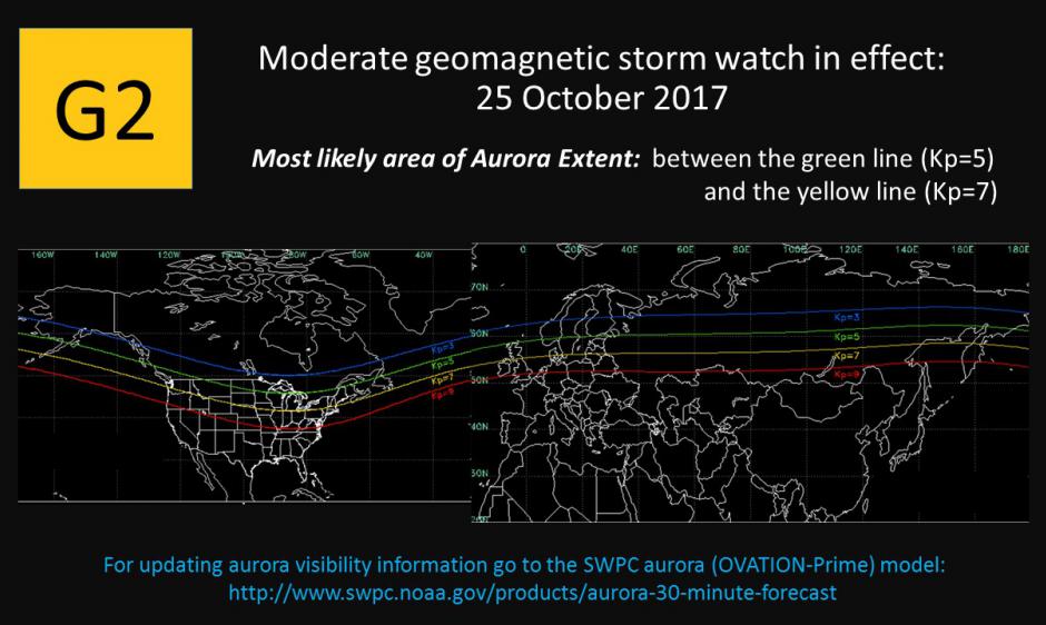 G2- Moderate geomagnetic storm watch issued for 25 Oct 2017.