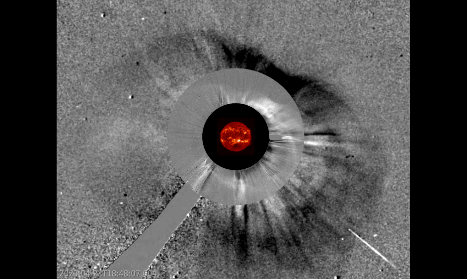 Earth-directed CME as viewed at 21 Apr 1848 UTC by the LASCO Coronagraph aboard NASA's Solar and Heliospheric Observatory spacecraft.