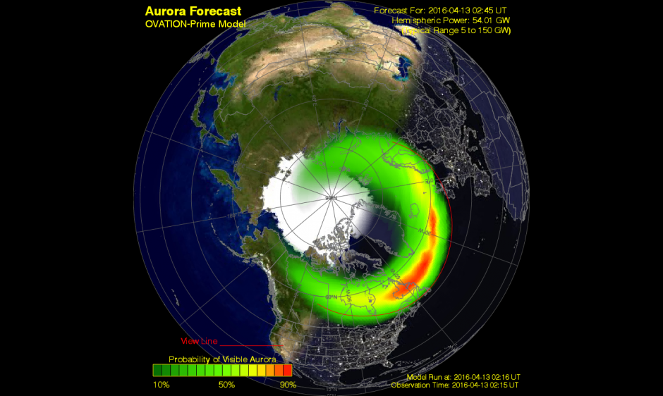 Ovation Auroral Model Forecast 13 April at 0245 UTC