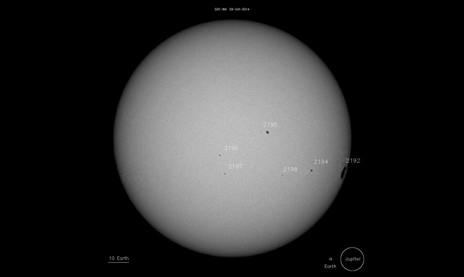 Solar image with sunspots annotated