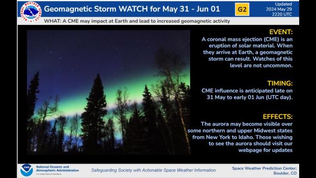 G2 Moderate Storm levels likely. Aurora in forest image. Event timing.