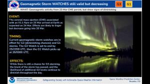 G3 Storm conditions diminishing, but still valid through end of UT day. Aurora image