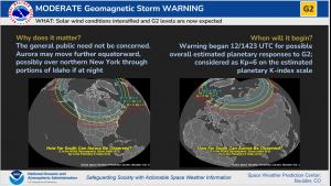 G2 Moderate Storm Warning. Aurora viewing line forecast.